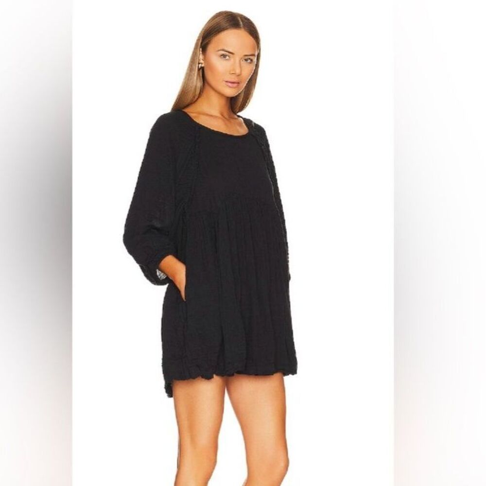 Free People Adler Tunic Babydoll Mini Dress Navy Blue 3/4 Sleeve Open Back Small